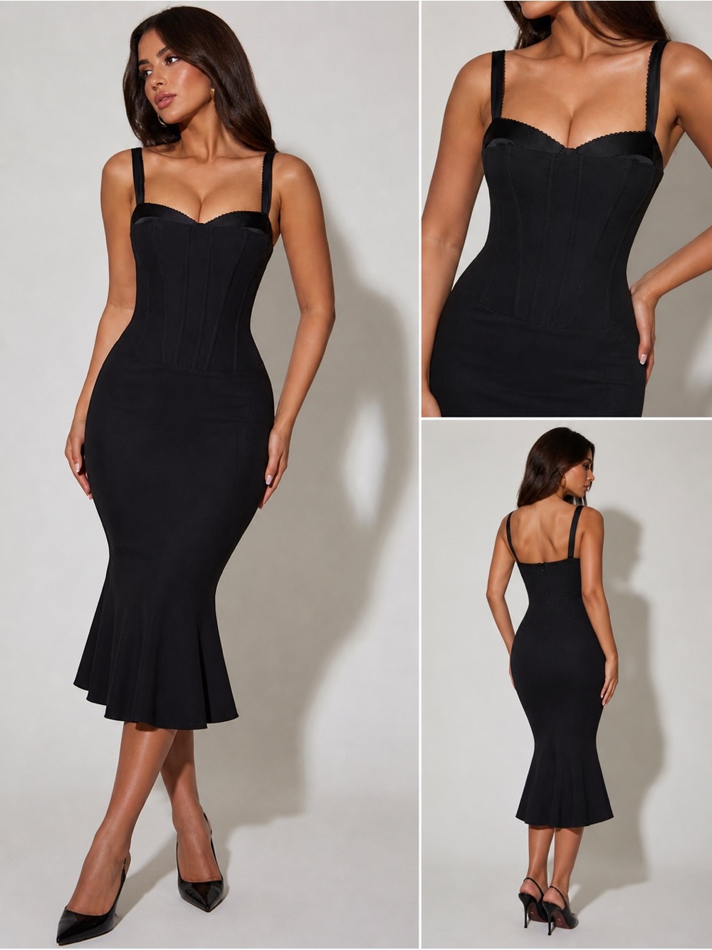 Oh Polly Black Midi Dress with a Fishtail and bra insert NWT